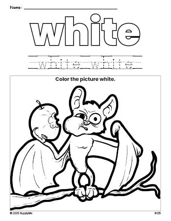 Free Halloween bat color white coloring page and color worksheet, white worksheet for preschoolers to learn colors, printable PDF