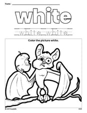 Free Halloween bat color white coloring page and color worksheet, white worksheet for preschoolers to learn colors, printable PDF