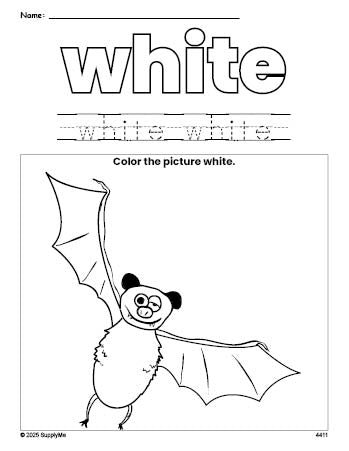 Free Halloween bat color white coloring page and color worksheet, white worksheet for preschoolers to learn colors, printable PDF