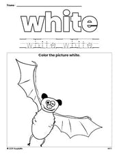 Free Halloween bat color white coloring page and color worksheet, white worksheet for preschoolers to learn colors, printable PDF