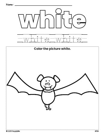 Free Halloween bat color white coloring page and color worksheet, white worksheet for preschoolers to learn colors, printable PDF