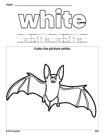 Free Halloween bat color white coloring page and color worksheet, white worksheet for preschoolers to learn colors, printable PDF