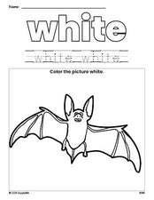 Free Halloween bat color white coloring page and color worksheet, white worksheet for preschoolers to learn colors, printable PDF