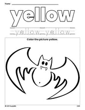 Free Halloween bat color yellow coloring page and color worksheet, yellow worksheet for preschoolers to learn colors, printable PDF