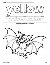 Free Halloween bat color yellow coloring page and color worksheet, yellow worksheet for preschoolers to learn colors, printable PDF