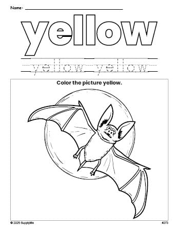 Free Halloween bat color yellow coloring page and color worksheet, yellow worksheet for preschoolers to learn colors, printable PDF