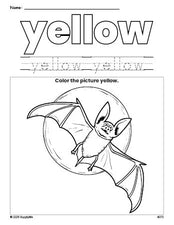 Free Halloween bat color yellow coloring page and color worksheet, yellow worksheet for preschoolers to learn colors, printable PDF