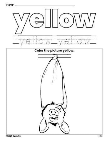 Free Halloween bat color yellow coloring page and color worksheet, yellow worksheet for preschoolers to learn colors, printable PDF