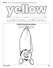 Free Halloween bat color yellow coloring page and color worksheet, yellow worksheet for preschoolers to learn colors, printable PDF