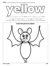 Free Halloween bat color yellow coloring page and color worksheet, yellow worksheet for preschoolers to learn colors, printable PDF