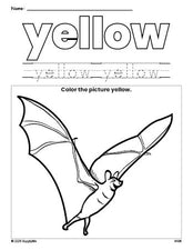 Free Halloween bat color yellow coloring page and color worksheet, yellow worksheet for preschoolers to learn colors, printable PDF