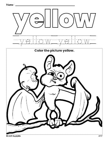 Free Halloween bat color yellow coloring page and color worksheet, yellow worksheet for preschoolers to learn colors, printable PDF