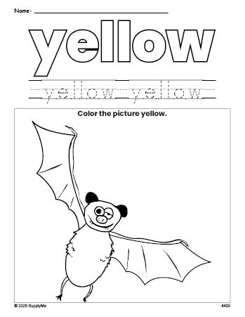 Free Halloween bat color yellow coloring page and color worksheet, yellow worksheet for preschoolers to learn colors, printable PDF