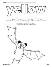 Free Halloween bat color yellow coloring page and color worksheet, yellow worksheet for preschoolers to learn colors, printable PDF