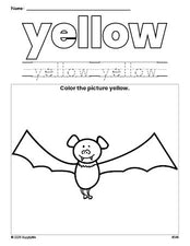 Free Halloween bat color yellow coloring page and color worksheet, yellow worksheet for preschoolers to learn colors, printable PDF