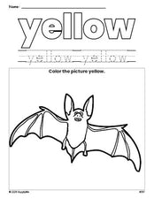 Free Halloween bat color yellow coloring page and color worksheet, yellow worksheet for preschoolers to learn colors, printable PDF