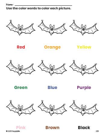 Free Halloween bat coloring page and color worksheet for preschoolers to learn colors, printable PDF