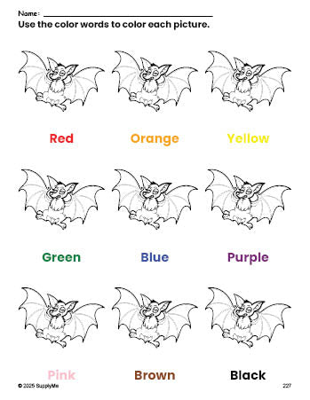 Free Halloween bat coloring page and color worksheet for preschoolers to learn colors, printable PDF