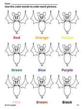 Free Halloween bat coloring page and color worksheet for preschoolers to learn colors, printable PDF