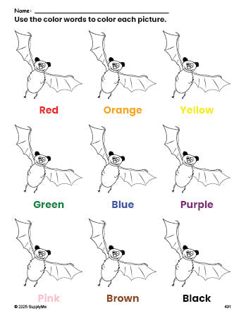 Free Halloween bat coloring page and color worksheet for preschoolers to learn colors, printable PDF