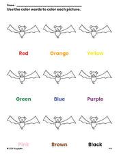 Free Halloween bat coloring page and color worksheet for preschoolers to learn colors, printable PDF