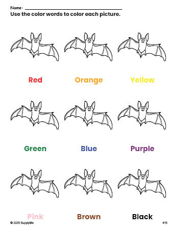 Free Halloween bat coloring page and color worksheet for preschoolers to learn colors, printable PDF