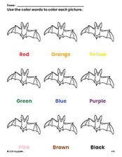 Free Halloween bat coloring page and color worksheet for preschoolers to learn colors, printable PDF