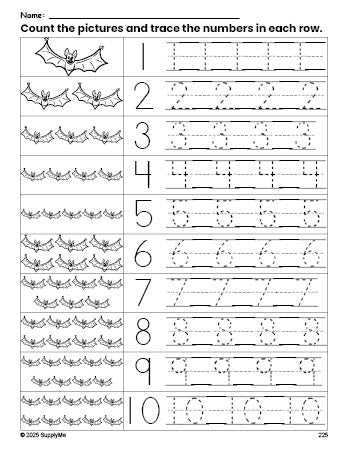 Free printable Halloween bat counting worksheet for preschool and pre-k with number tracing practice 1-10, PDF