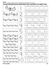 Free printable Halloween bat counting worksheet for preschool and pre-k with number tracing practice 1-10, PDF