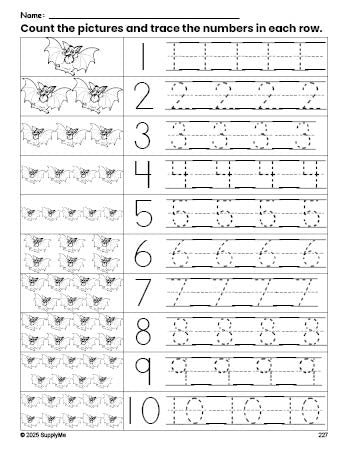 Free printable Halloween bat counting worksheet for preschool and pre-k with number tracing practice 1-10, PDF