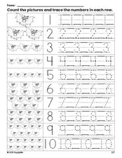 Free printable Halloween bat counting worksheet for preschool and pre-k with number tracing practice 1-10, PDF