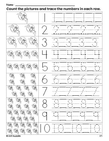 Free printable Halloween bat counting worksheet for preschool and pre-k with number tracing practice 1-10, PDF