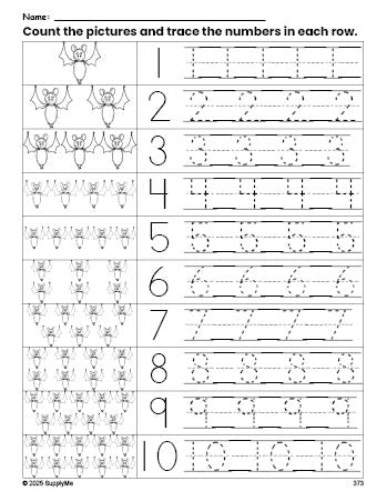 Free printable Halloween bat counting worksheet for preschool and pre-k with number tracing practice 1-10, PDF