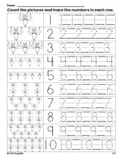 Free printable Halloween bat counting worksheet for preschool and pre-k with number tracing practice 1-10, PDF