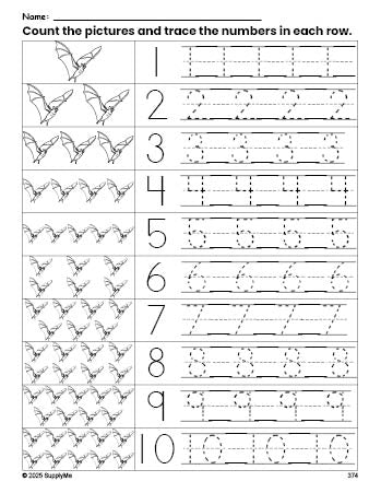 Free printable Halloween bat counting worksheet for preschool and pre-k with number tracing practice 1-10, PDF