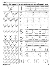 Free printable Halloween bat counting worksheet for preschool and pre-k with number tracing practice 1-10, PDF