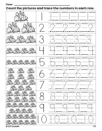 Free printable Halloween bat counting worksheet for preschool and pre-k with number tracing practice 1-10, PDF