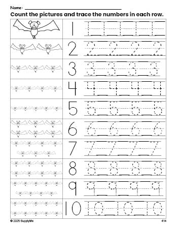 Free printable Halloween bat counting worksheet for preschool and pre-k with number tracing practice 1-10, PDF