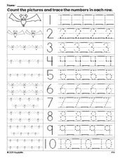 Free printable Halloween bat counting worksheet for preschool and pre-k with number tracing practice 1-10, PDF