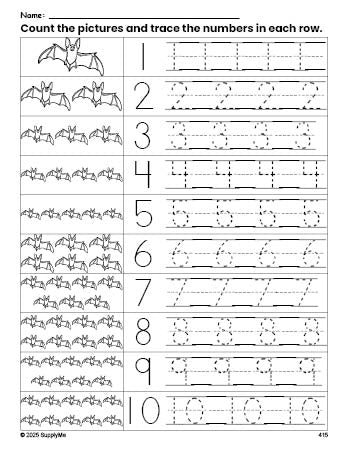 Free printable Halloween bat counting worksheet for preschool and pre-k with number tracing practice 1-10, PDF