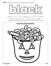 Free Halloween candy color black coloring page and color worksheet, black worksheet for preschoolers to learn colors, printable PDF