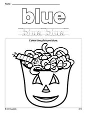 Free Halloween candy color blue coloring page and color worksheet, blue worksheet for preschoolers to learn colors, printable PDF