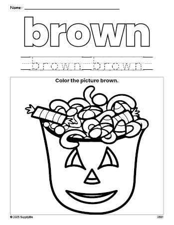 Free Halloween candy color brown coloring page and color worksheet, brown worksheet for preschoolers to learn colors, printable PDF