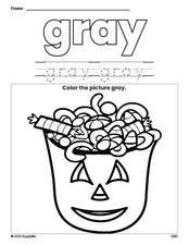 Free Halloween candy color gray coloring page and color worksheet, gray worksheet for preschoolers to learn colors, printable PDF