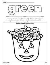 Free Halloween candy color green coloring page and color worksheet, green worksheet for preschoolers to learn colors, printable PDF