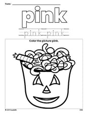 Free Halloween candy color pink coloring page and color worksheet, pink worksheet for preschoolers to learn colors, printable PDF