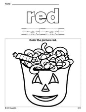 Free Halloween candy color red coloring page and color worksheet, red worksheet for preschoolers to learn colors, printable PDF