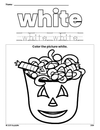 Free Halloween candy color white coloring page and color worksheet, white worksheet for preschoolers to learn colors, printable PDF