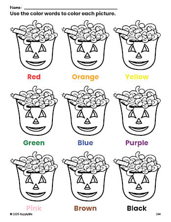 Free Halloween candy coloring page and color worksheet for preschoolers to learn colors, printable PDF