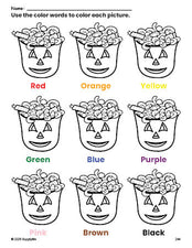 Free Halloween candy coloring page and color worksheet for preschoolers to learn colors, printable PDF